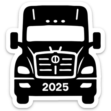Minimal flat icon style close-up front view of a 2025 Kenworth T680 truck in black color with headlights on, no background. sticker