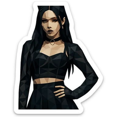 K-pop inspired gothic girl, polygonal style, geometric shapes, dark color palette, stylish stage outfit sticker