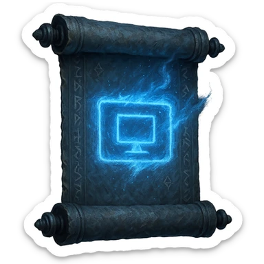 Windows 11 'My PC' icon reimagined as a glintstone sorcery scroll from Elden Ring. The scroll is blue-gray, weathered, and ornate, with arcane runes and a glowing blue magical effect in the shape of a computer monitor or screen, echoing the original icon. Mystical, ancient, and magical, with a transparent background. sticker