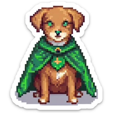 A pixel art style emoji of a super dog with a green cape. sticker