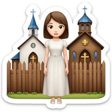woman next to a church, surrounded by a fence sticker