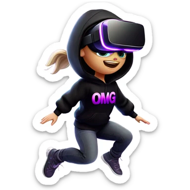 Russian girl wearing black hoody with violet letters "OMG", in vr headset oculus quest2. jumping. Cyberpunk style. Violet neon. sticker