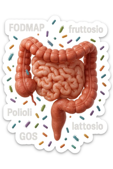 intestino umano anatomico con parole TIPO "FODMAP, fruttosio, lattosio, GOS, Polioli" in italiano CHE GLI FLUTTUANO INTORNO INSIEME A BATTERI INTESTINALI, iperrealistica 4k sticker