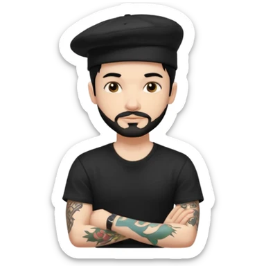 White guy with black hat back with little facial hair and black t shirt with tattoos sticker