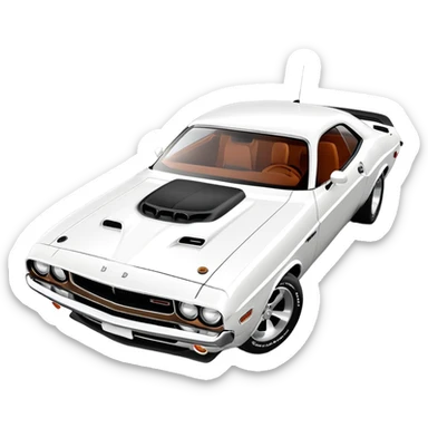 Anatomically correct white 1971 Dodge Challenger muscle car, proper 30-degree angle view, maintaining authentic proportions and structure, highly detailed but minimalist, pure white exterior, iOS emoji style sticker