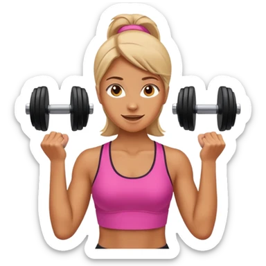 woman exercising, lifting dumbbells, lively atmosphere, emoji style sticker