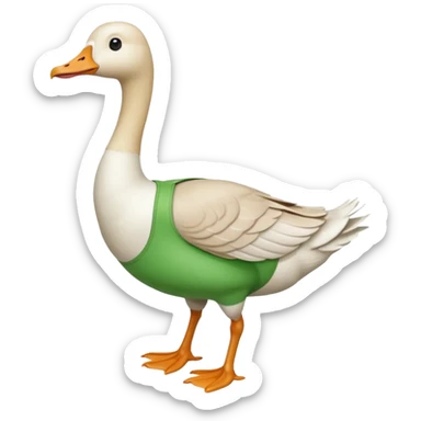 "Emoji of a white running goose with a very very long neck and two legs. The goose wears bright green dungarees." sticker