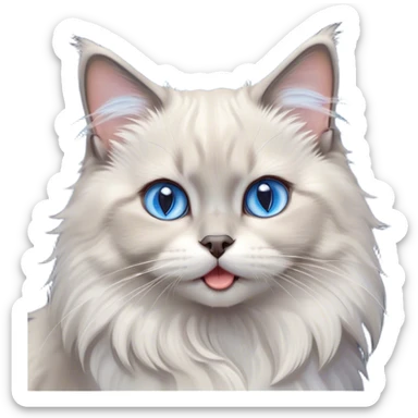 Cinematic Adorable Fluffy Light Grey Mantle Ragdoll Cat Portrait Emoji, Head tilted cutely with big, sparkling blue eyes, soft light grey fur with darker points on the ears, face, and paws, Simplified yet irresistibly adorable features, highly detailed, glowing with a soft, warm glow, high shine, yawning in a peaceful and playful manner, stylized with a touch of whimsy, bright and endearing, soft glowing outline, capturing the essence of a relaxed and loving kitten, so cute it feels like it could leap out of the screen and stretch into a cozy nap! sticker