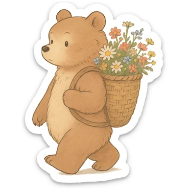 bear carrying a basket of wildflowers, soft pastel brown and cream, ghibli style sticker