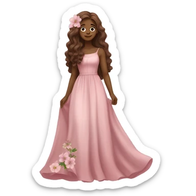 Full body, white skinned princess, wearing a long flowy pink dress, and flowers in her long, slightly wavy, brown hair sticker