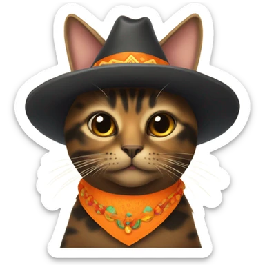 A tortoiseshell colored cat with an orange collar and sombrero sticker