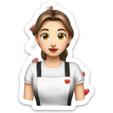 Slavic girl in a white T-shirt and a black apron sends a kiss with a heart sticker