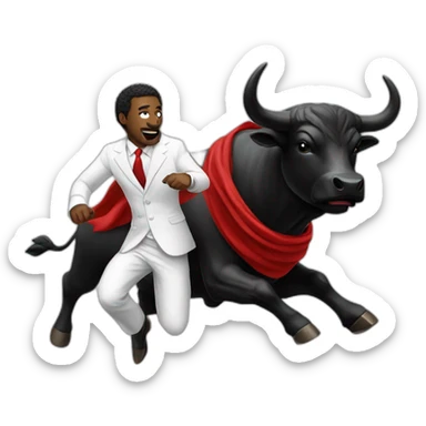 black bull chasing man in white suit with a red scarf sticker