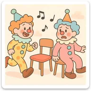 two clowns playing musical chairs, soft colors, cute and whimsical pastel toon style sticker
