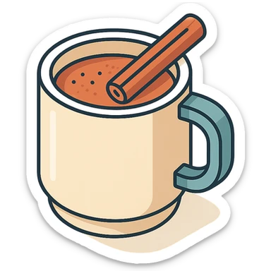 coffee mug with cinnamon, isometric view, 2D isometric style, detailed drawing, detailed shadows and highlights, clean contours, soft lighting, transparent background sticker