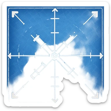 blue blueprint plan with white lines, dotted path, and X mark sticker