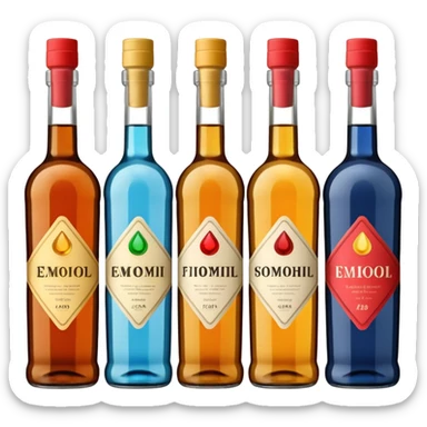 Four bottles of alcohol, each with distinct shapes and labels, arranged neatly in a row. The bottles should vary in color and size, with detailed labels and caps. sticker