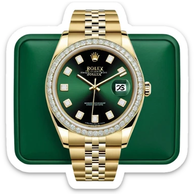 A imagem mostra um Rolex Datejust "Iced Out", totalmente coberto por diamantes na caixa, luneta e pulseira Jubilee. O mostrador também é cravejado (estilo pavé), apresentando algarismos romanos pretos e a lente de data Cyclops. O relógio é exibido em sua caixa oficial verde e bege. sticker