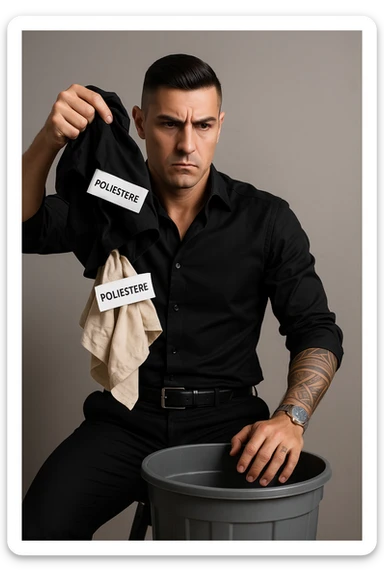Create a realistic vertical image of a man (like in the reference photo) throwing away clothes with "poliestere" labels. The man has a serious expression, professional atmosphere, natural details, neutral background, and aspect ratio 2:3. sticker