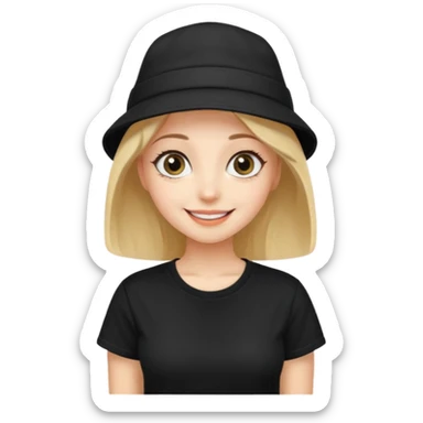 나는 여자이고 눈이 큰 편이고 MBTI는 ENTP야.  모자를 즐겨 써. 검정색 티셔츠를 입혀줘. 성격은 웃기고발랄하게 표현됐으면좋겠어. sticker