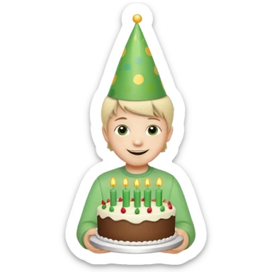 smiling child wearing a green birthday hat, standing in front of a small birthday cake with green details, cheerful and festive atmosphere sticker