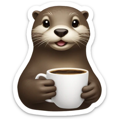 otter holding a cup of coffee in one hand and croissant in another.   sticker
