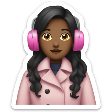 Long black hair brown skin Girl with pink earmuffs and trench coat on  sticker