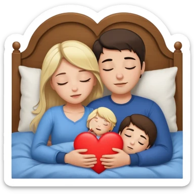 cuddling in bed, asleep. blonde girl. brunette man. eyes closed. heart between them. no headboard sticker