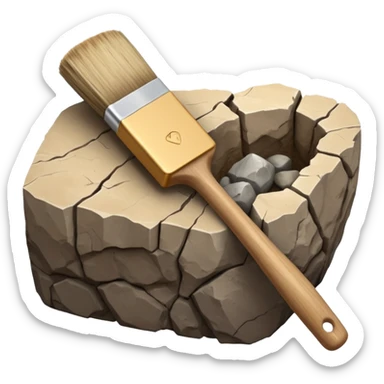 3D render of Archeology Brush, embedded in a chunk of rough sedimentary rock, cracked stone texture, ancient fossil aesthetic,pale wooden handle with dusty beige bristles, matte dry finish, Apple emoji style, isolated on white background --v 6.0. sticker