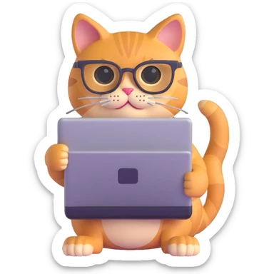 cat with glasses and a computer in its paws sticker