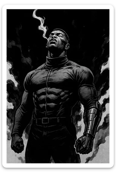 Black and white comic book panel of an extremely muscular African American man with cybernetic implants standing in the dark, surrounded by smoke. He is wearing a long-sleeved shirt with a high collar, and his chest is sculpted. sticker