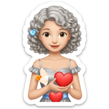 silvery curly/wavy shoulder-length hair smiling lady holding a heart sticker