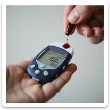 close-up of a glucometer showing high values, next to a hand with a drop of blood, neutral background, Italian text 'Controlla la tua glicemia – Diabete di tipo 2', 4K quality sticker