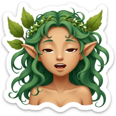 Cinematic Realistic Forest Nymph Fairy Portrait, head tilted slightly with a dramatic, wide-open yawn, revealing a tender, relaxed visage with finely detailed tanned skin and flowing, vine-adorned hair gently framing her face. Her sleepy eyes exude a serene, dreamlike quality as soft natural sunlight filters through the canopy, capturing the essence of a drowsy yet captivating forest nymph drifting into peaceful slumber. sticker