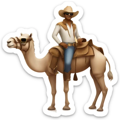 White cowboy with sunglasses smirk in a camel in the desert  sticker