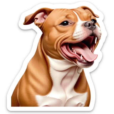 Cinematic Cute Yawning Red/Fawn Staffordshire Bull Terrier Portrait Emoji, Head tilted slightly with a dramatic, wide-open yawn, showcasing a smooth red/fawn Fur with crisp white accents, floppy ears slightly drooping, round dark eyes barely open in drowsy contentment, Simplified yet irresistibly adorable features, highly detailed, glowing with a soft, cozy glow, high shine, relaxed yet expressive, stylized with a touch of whimsy, bright and endearing, soft glowing outline, capturing the essence of a sleepy yet affectionate guardian, so drowsy it feels like it could stretch right out of the screen and curl up for a nap! sticker