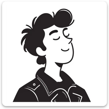 Hand-drawn portrait of a rockstar musician, face and upper body only, confident expression with half-closed eyes looking upward, knowing smirk, contemplative expression showing he's envisioning success sticker