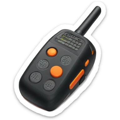 black walkie talkie with red-orange button on side sticker