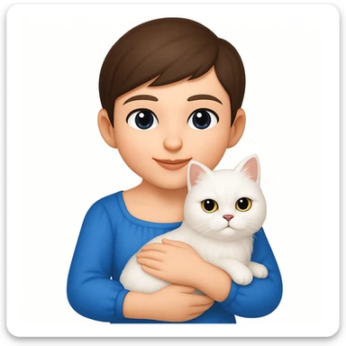 Brunette woman snuggling white Persian cat, emoji style, wearing a blue dress, with a pixie cut sticker