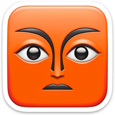 Flat vector logo icon, abstract evil face symbol.
Geometric and minimal design.

Face split vertically by a thin straight black line.
Left side solid red, right side solid orange.

Only eyes and mouth visible.
No nose, no facial lines, no cheeks, no anatomy.







 sticker