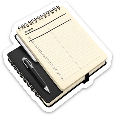A classic black Moleskine notebook open to show an agenda page with meeting items and bullet points sticker