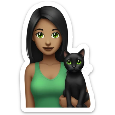 black haired girl with green eyes bring a black green eyed cat sticker
