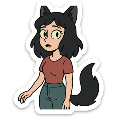 a girl with black fox ears and a tail, green eyes, dark hair sticker