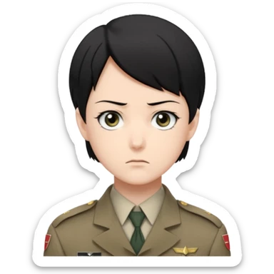 short black neat hair, sharp dark gray eyes, pale skin, serious expression, upright posture, minimal accessories, sharp and precise style. Levi Ackerman  sticker