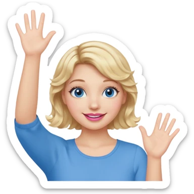 Girl Blonde short wavy hair,  blue eyes, cute blue top, long lashes, pink lips, smiling, one hand in the air sticker