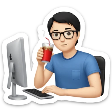 Hombre blanco con gafas, pelo negro tomando un refresco frente a un ordenador con ropa de sport, se ve en la pantalla del ordenador una mujer rubia tomando café sticker