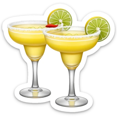 2 margarita cocktails. one is the classic margarita: yellowy with salt on the rim and a lemon. the other one is a spicy margarita: slightly more red color with a small red chili pepper instead of a lemon on the rim  sticker
