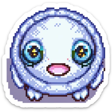 A cute and friendly cartoon character, a small round creature with big expressive eyes and a tiny mouth, with a round body and small limbs, in a pixel art style with a limited color palette. sticker