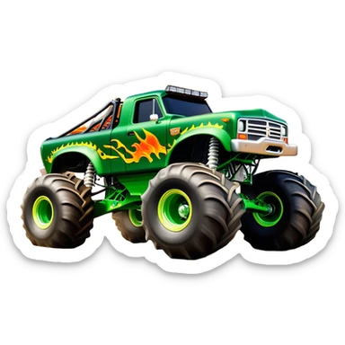 Grave Digger - Monster Jam (Model Year: 2022) (Iconic colour: Green with flames) - A legendary monster truck with a fearsome design: predominantly deep green with dynamic, vibrant flame graphics in bright orange and yellow. Highlight its rough, edgy bodywork and an aura of untamed rebellion. sticker