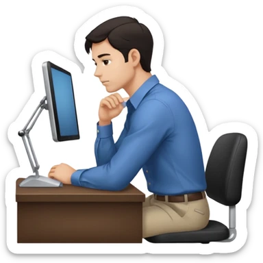 iOS emoji style - Side profile of a man with dark hair and wearing a collared-shirt. He sits with hunched posture at a desk. sticker